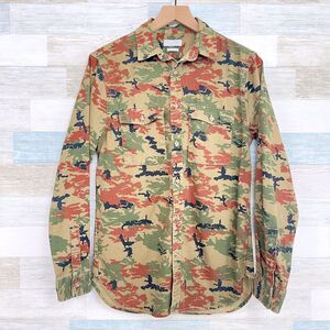 Zara Man Camo Denim Shirt Brown Embroidered Tiger Relaxed Fit Casual Mens Small